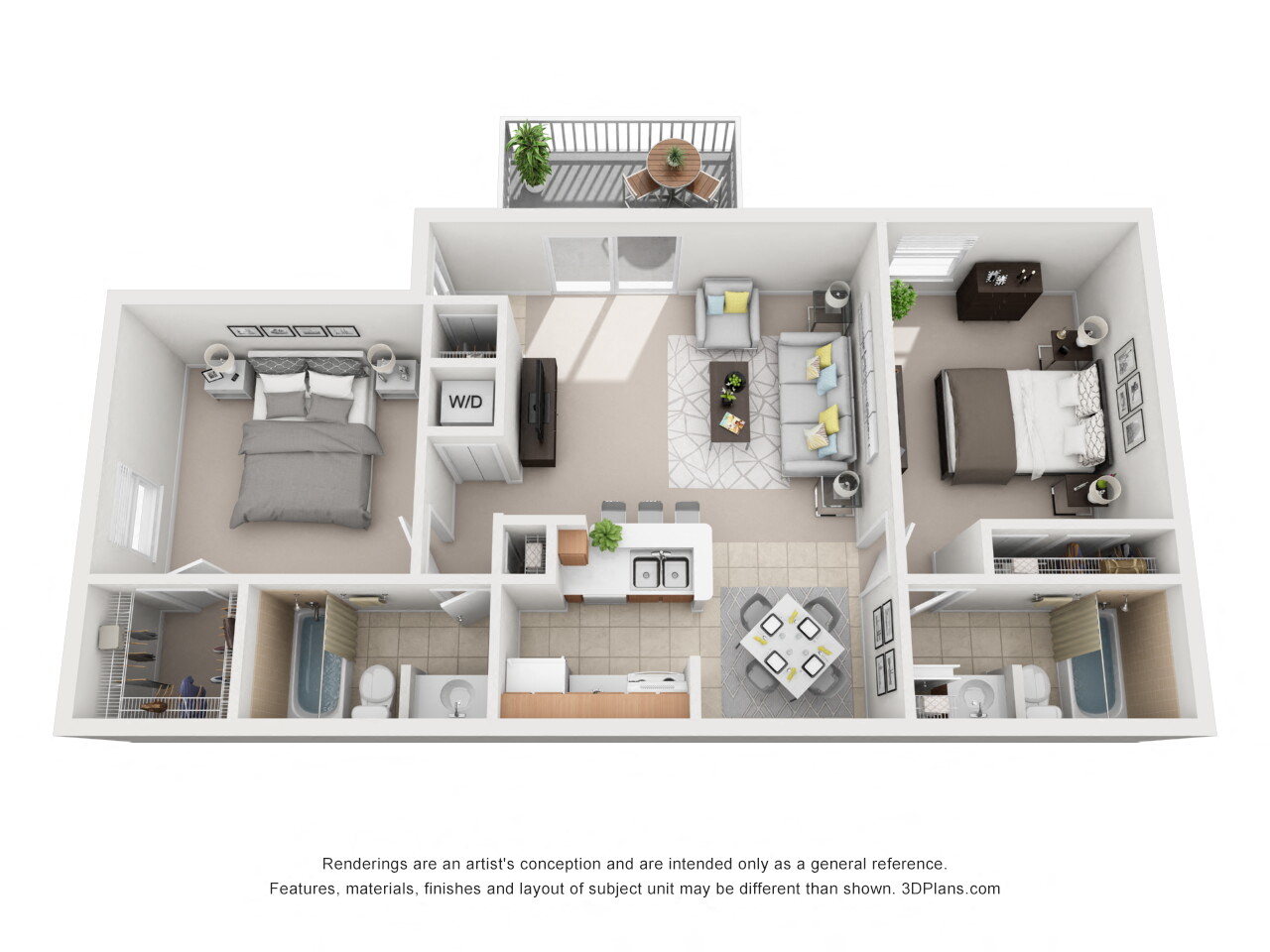 Floor plan for 2 beds, 2 baths, 960 sqft